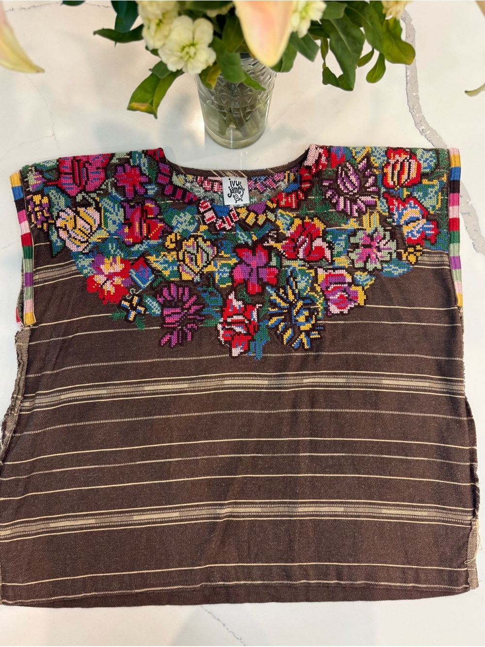 ivy jane Brown Striped Tunic with Multicolor Floral Embroidery